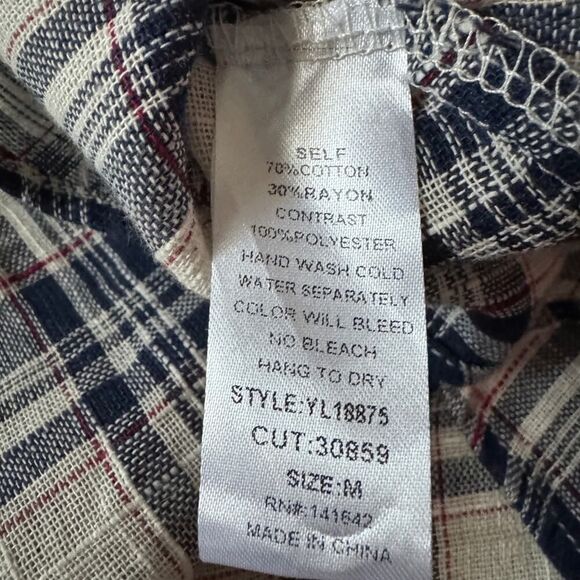 Self navy Blue long sleeved split back T-shirt with linen plaid underlay M - Picture 9 of 9